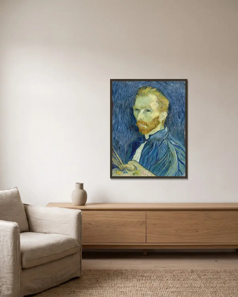 Selbstbildnis, 1889 von Vincent van Gogh gerahmt an einer Wand