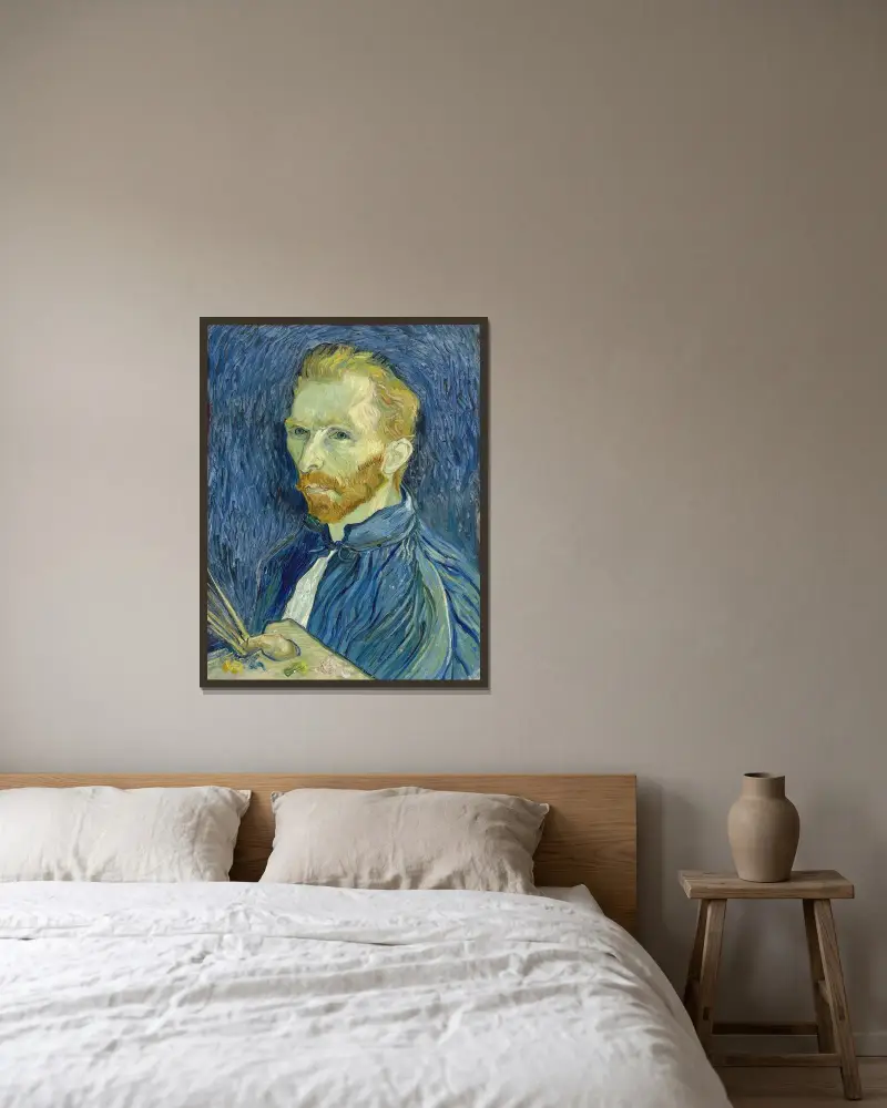 Selbstbildnis, 1889 von Vincent van Gogh gerahmt an einer Wand