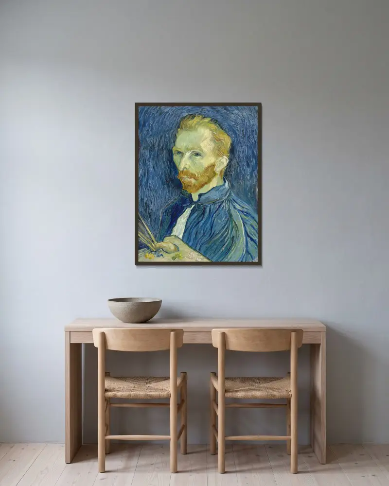Selbstbildnis, 1889 von Vincent van Gogh gerahmt an einer Wand