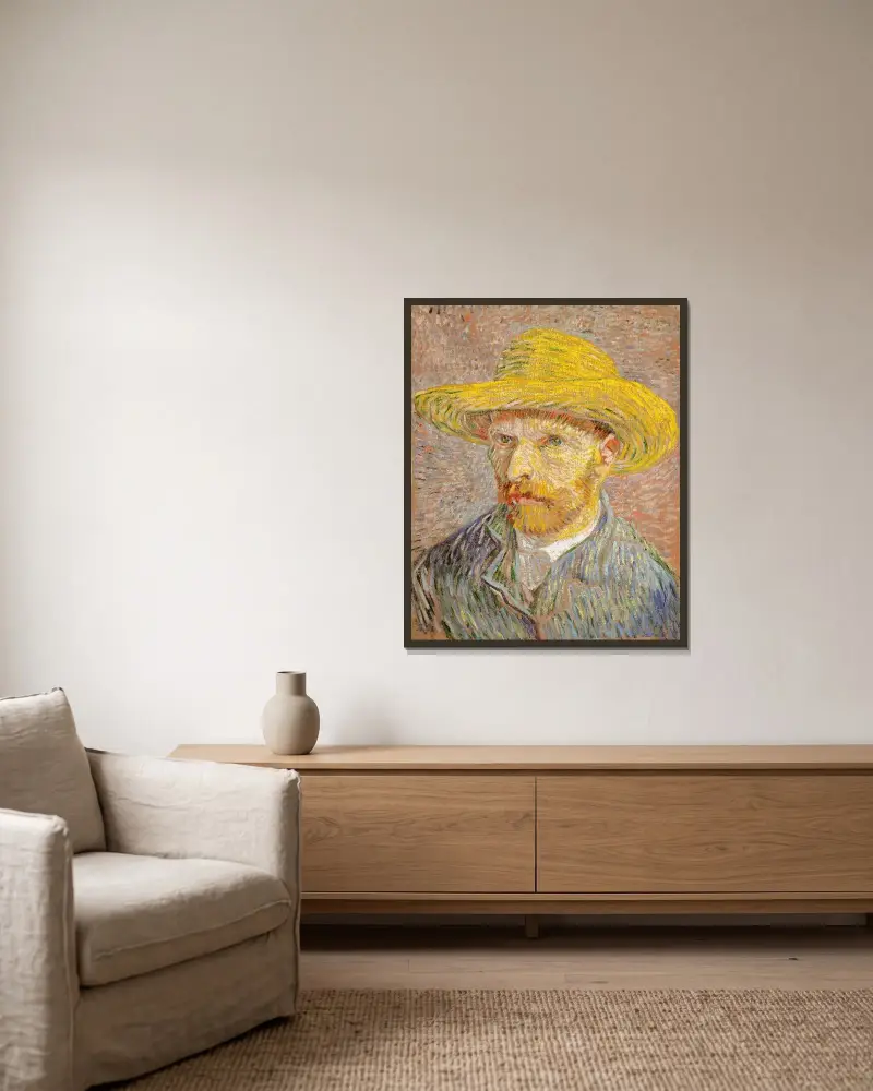 Self-Portrait with a Straw Hat av Vincent van Gogh inramad på en vägg