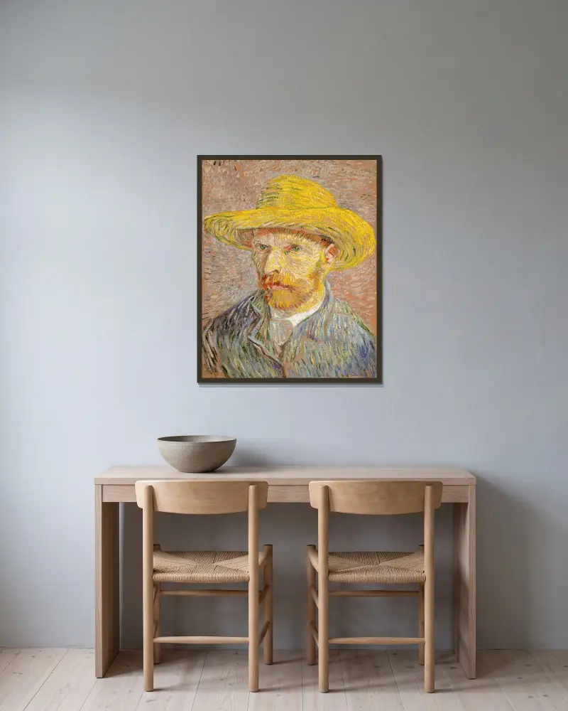 Self-Portrait with a Straw Hat av Vincent van Gogh inramad på en vägg