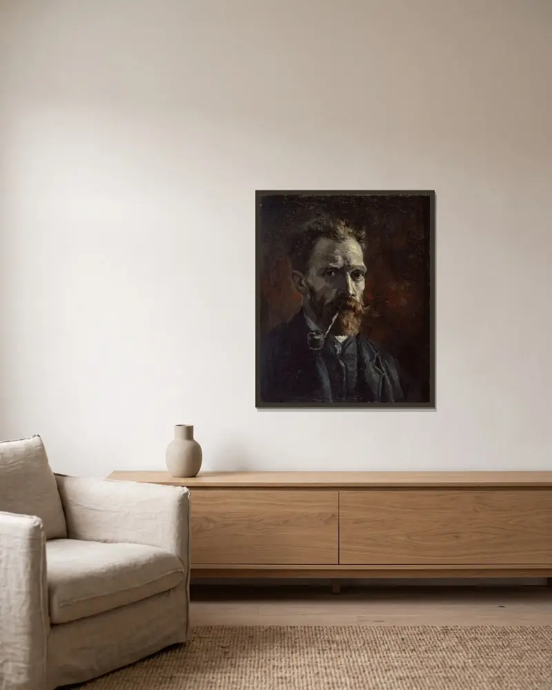 Selbstbildnis mit Pfeife von Vincent van Gogh gerahmt an einer Wand