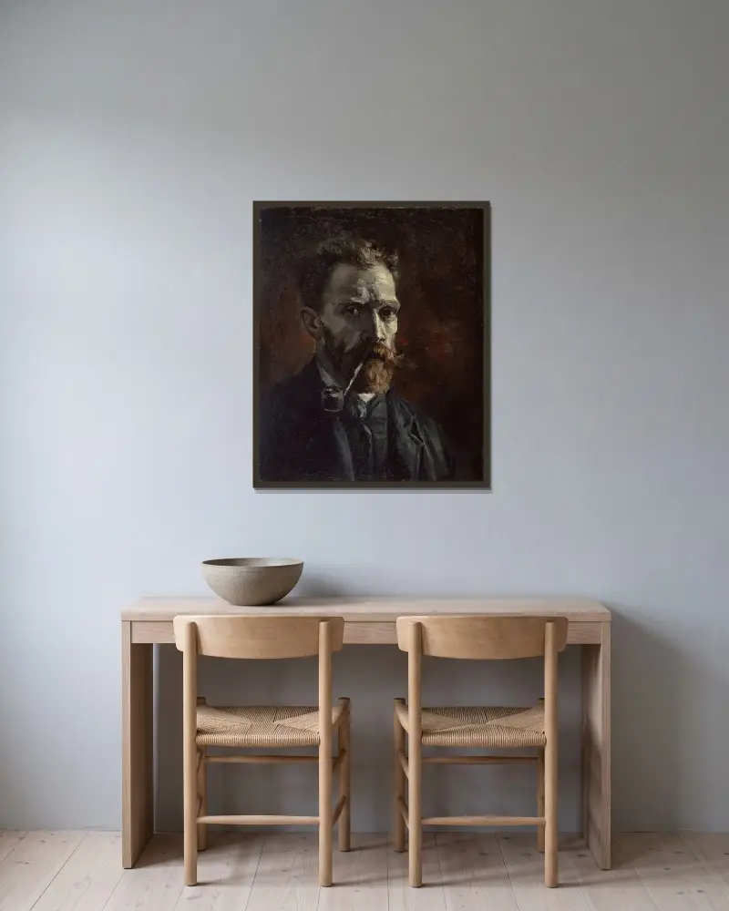 Selbstbildnis mit Pfeife von Vincent van Gogh gerahmt an einer Wand