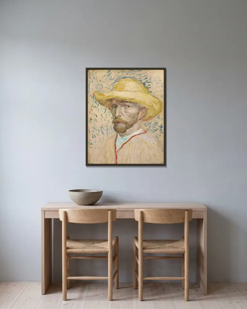 Selbstbildnis mit Strohhut von Vincent van Gogh gerahmt an einer Wand