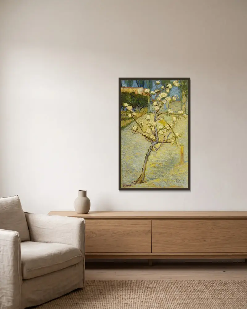 Small pear tree in blossom av Vincent van Gogh inramad på en vägg