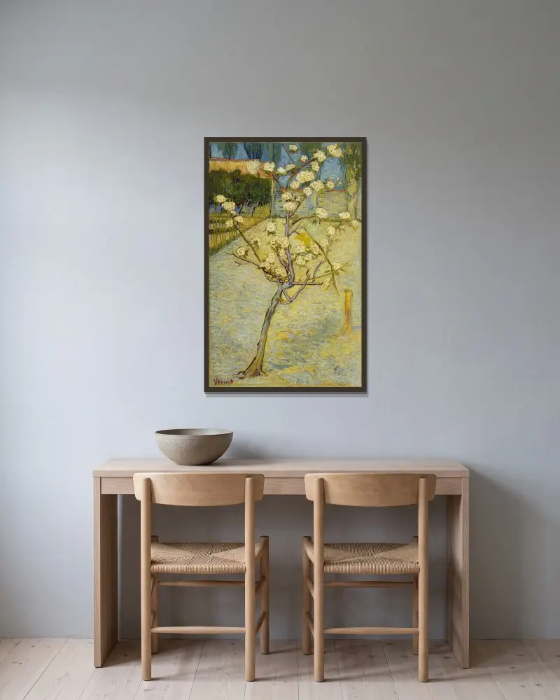 Small pear tree in blossom av Vincent van Gogh inramad på en vägg