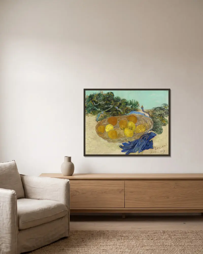 Still Life of Oranges and Lemons with Blue Gloves av Vincent van Gogh inramad på en vägg