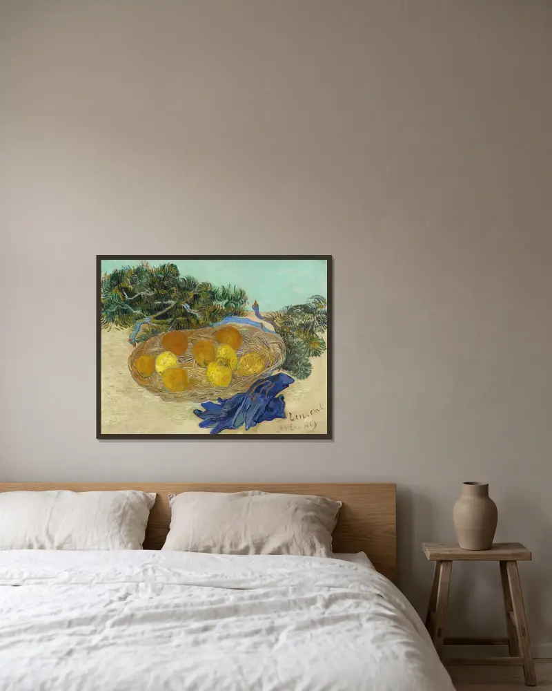 Still Life of Oranges and Lemons with Blue Gloves av Vincent van Gogh inramad på en vägg