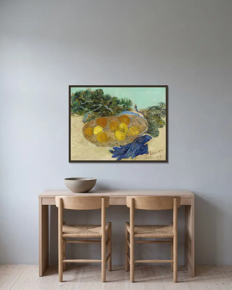 Still Life of Oranges and Lemons with Blue Gloves av Vincent van Gogh inramad på en vägg