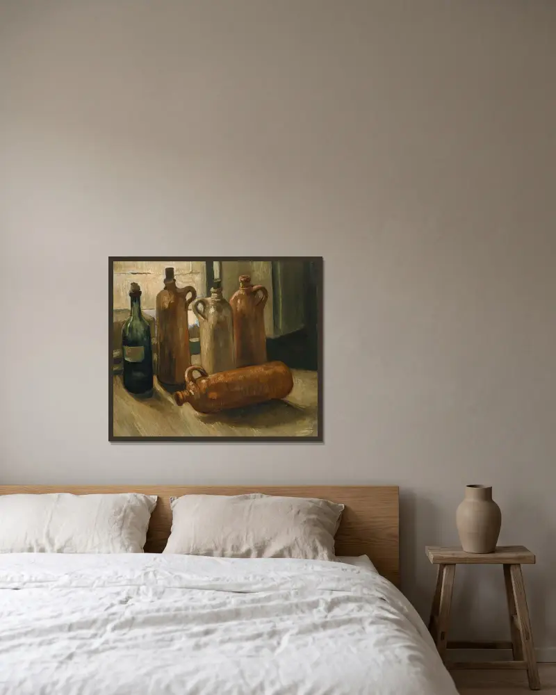 Stillleben mit fünf Flaschen von Vincent van Gogh gerahmt an einer Wand