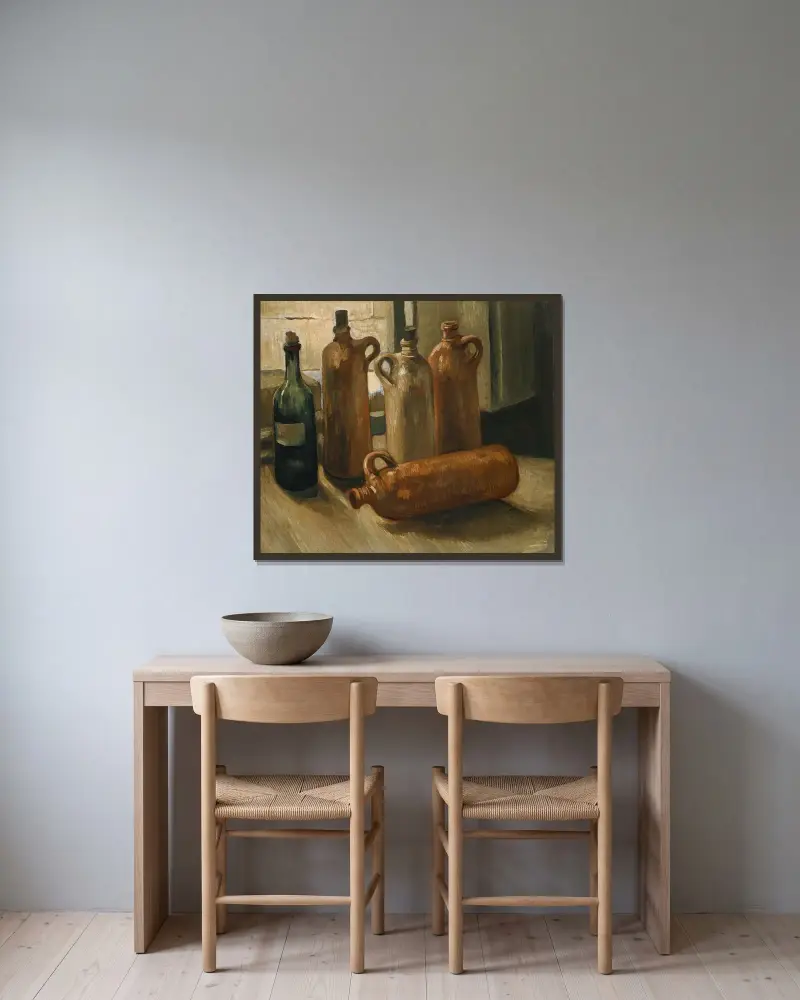 Stillleben mit fünf Flaschen von Vincent van Gogh gerahmt an einer Wand