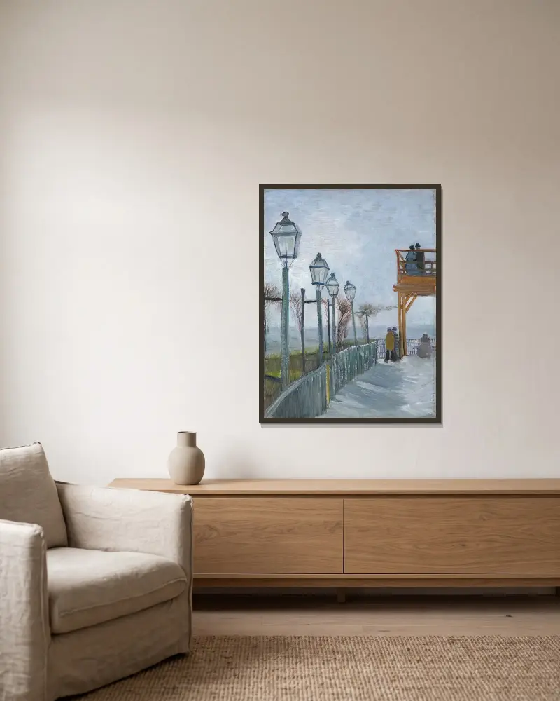 Terrasse och utsiktsplattform vid Moulin de Blute-Fin, Montmartre av Vincent van Gogh inramad på en vägg