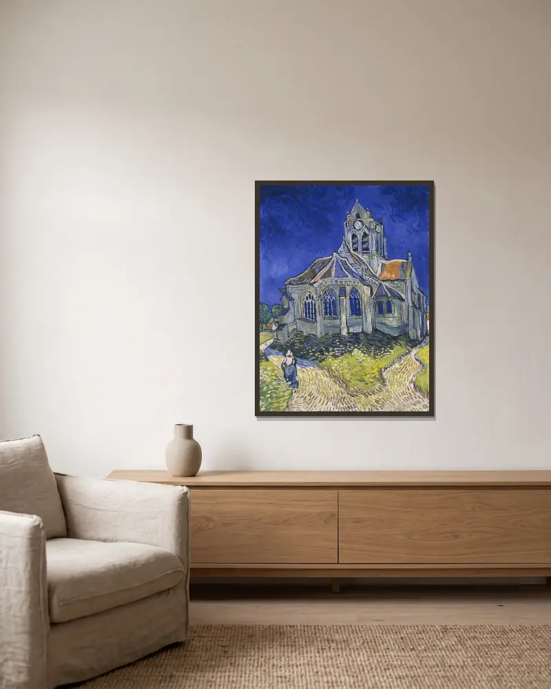 Die Kirche von Auvers-sur-Oise, Ansicht von der Apsis von Vincent van Gogh gerahmt an einer Wand