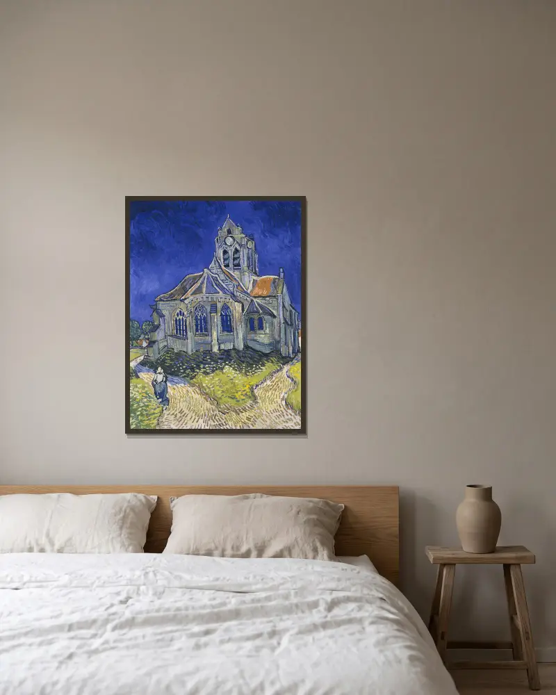 Die Kirche von Auvers-sur-Oise, Ansicht von der Apsis von Vincent van Gogh gerahmt an einer Wand
