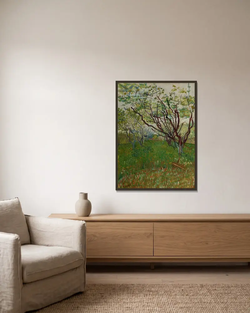 Der blühende Obstgarten von Vincent van Gogh gerahmt an einer Wand