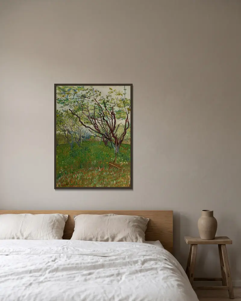 Der blühende Obstgarten von Vincent van Gogh gerahmt an einer Wand