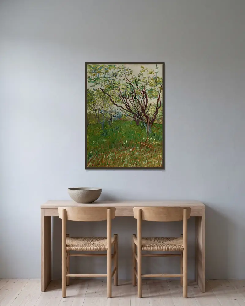 Der blühende Obstgarten von Vincent van Gogh gerahmt an einer Wand