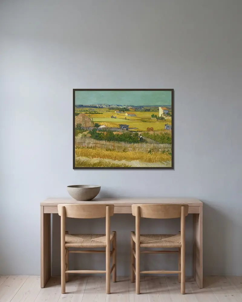 The harvest, 1888 – nr 1 av Vincent van Gogh inramad på en vägg