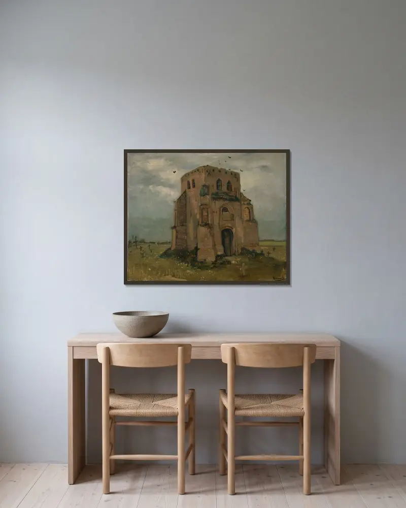 Det gamla kyrktornet i Nuenen (Böndernas kyrkogård) av Vincent van Gogh inramad på en vägg