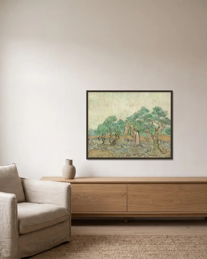 The Olive Orchard av Vincent van Gogh inramad på en vägg