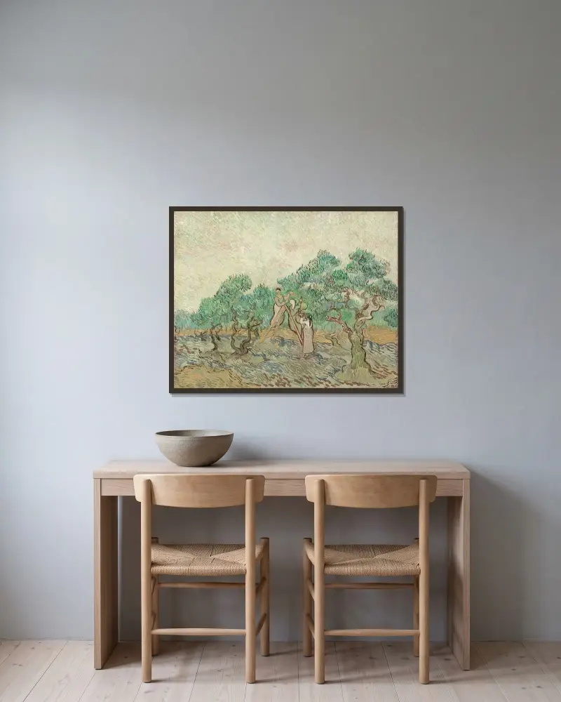 The Olive Orchard av Vincent van Gogh inramad på en vägg