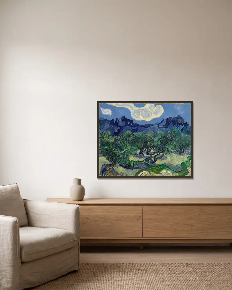 The Olive Trees av Vincent van Gogh inramad på en vägg
