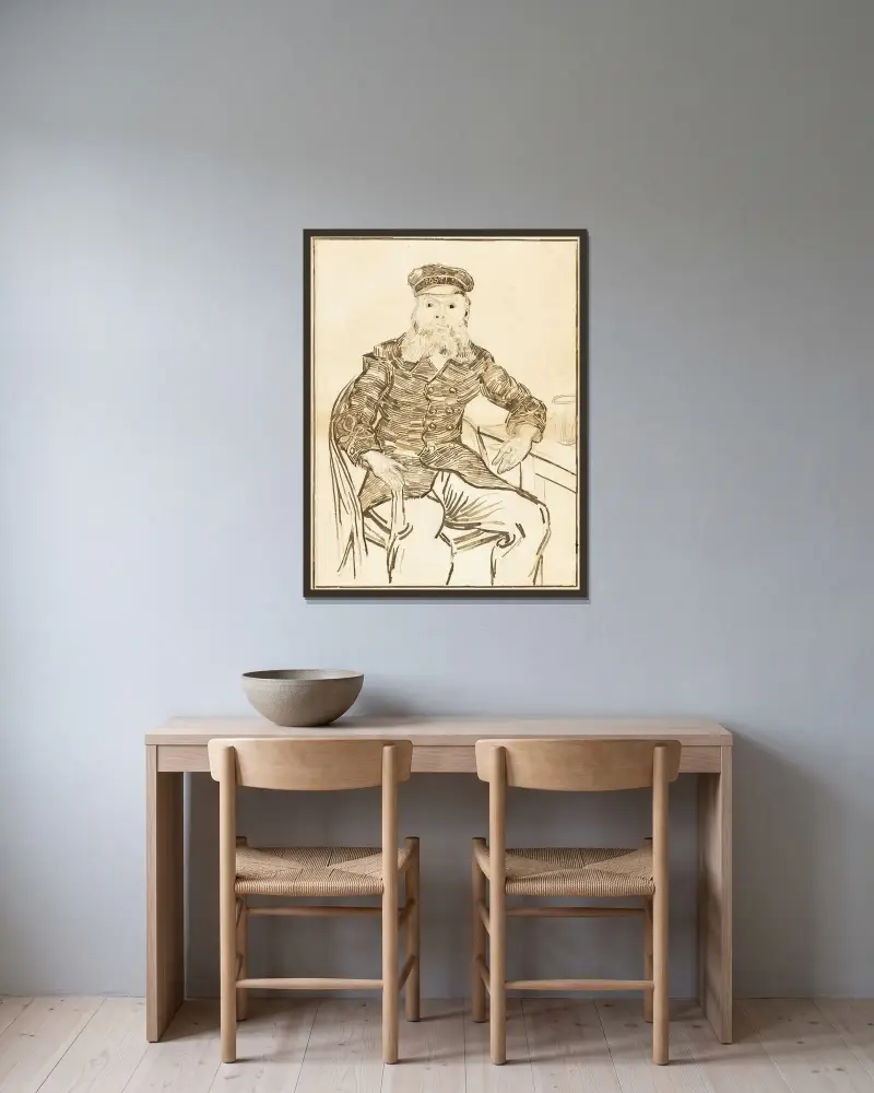 Der Postbote Joseph Roulin von Vincent van Gogh gerahmt an einer Wand