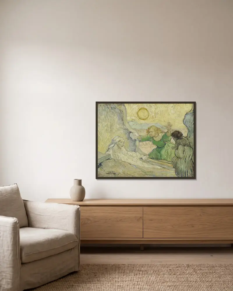 Lasarus uppväckelse (efter Rembrandt) av Vincent van Gogh inramad på en vägg