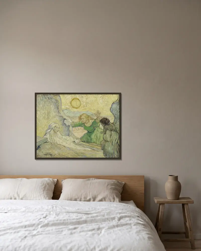 Lasarus uppväckelse (efter Rembrandt) av Vincent van Gogh inramad på en vägg