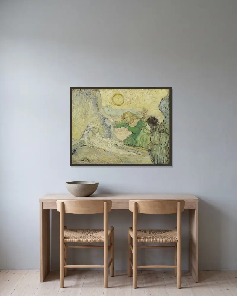 Lasarus uppväckelse (efter Rembrandt) av Vincent van Gogh inramad på en vägg
