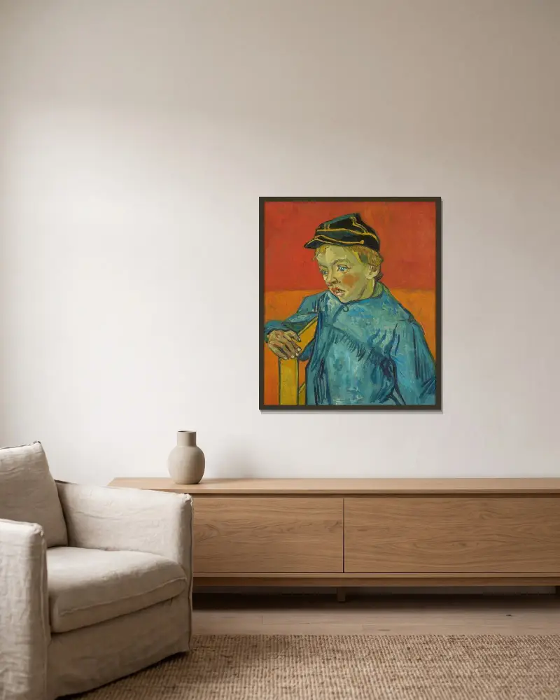 Der Schuljunge (Camille Roulin) von Vincent van Gogh gerahmt an einer Wand