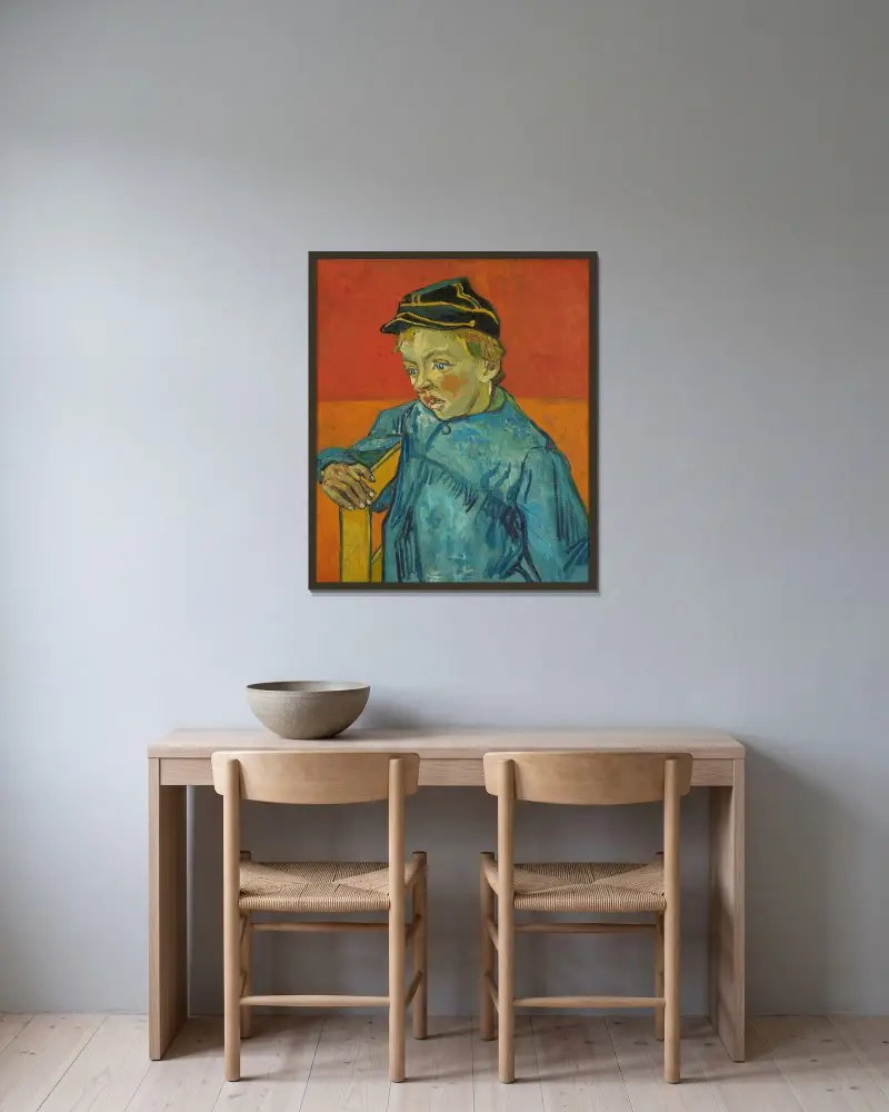 Der Schuljunge (Camille Roulin) von Vincent van Gogh gerahmt an einer Wand