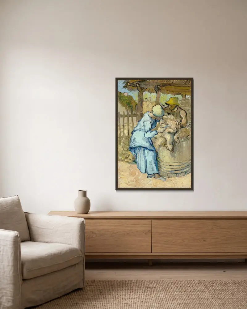 Die Schafschererin (nach Millet) von Vincent van Gogh gerahmt an einer Wand