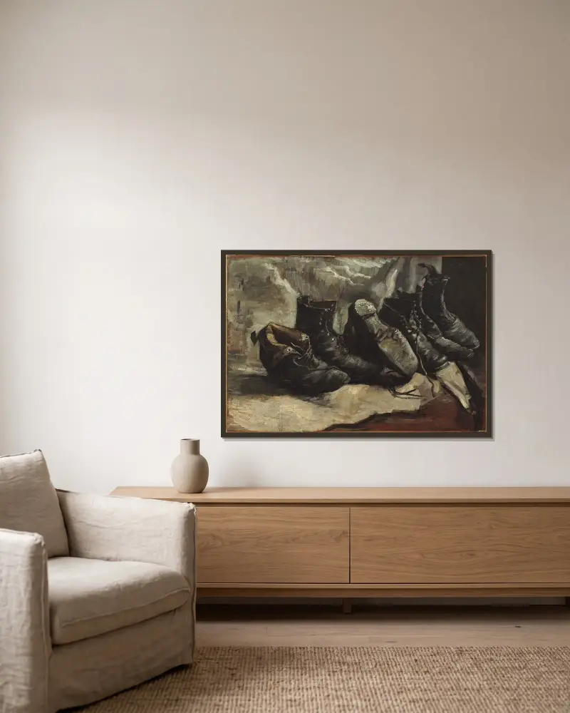 Drei Paar Schuhe von Vincent van Gogh gerahmt an einer Wand