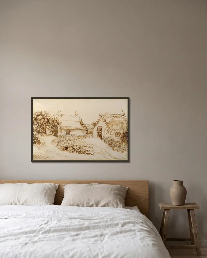 Två stugor i Saintes-Maries-de-la-Mer av Vincent van Gogh inramad på en vägg
