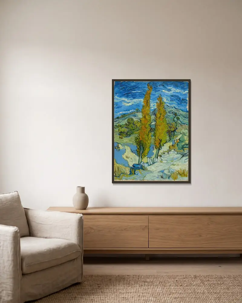 Två popplar i Alpilles nära Saint-Rémy av Vincent van Gogh inramad på en vägg