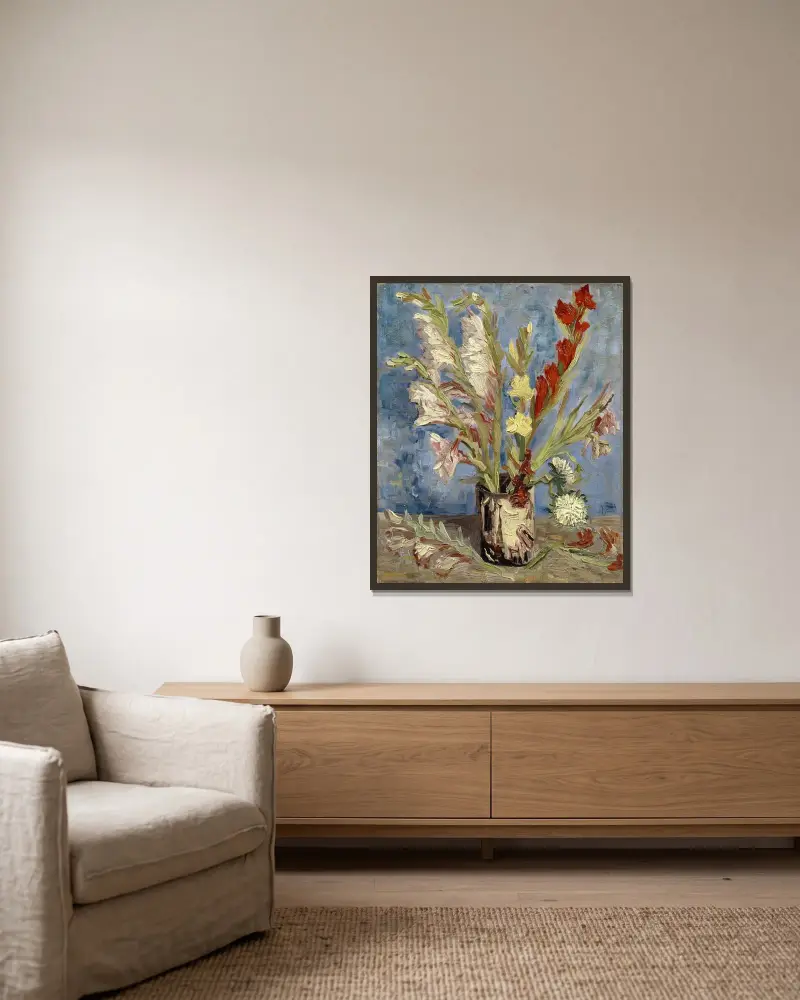 Vase with gladioli and China asters av Vincent van Gogh inramad på en vägg