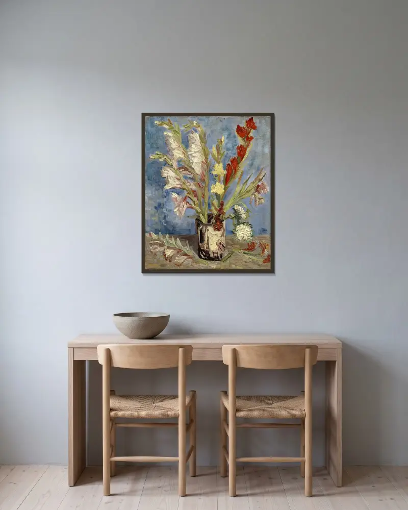 Vase with gladioli and China asters av Vincent van Gogh inramad på en vägg