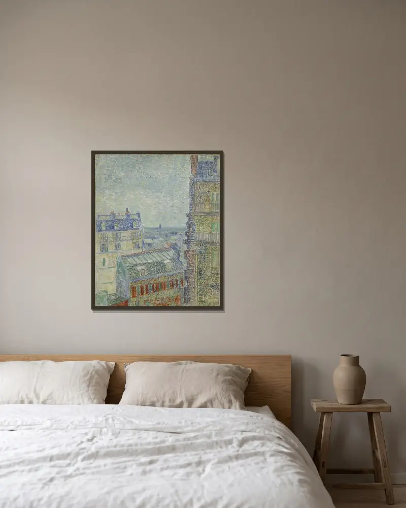 Blick aus Theos Wohnung von Vincent van Gogh gerahmt an einer Wand