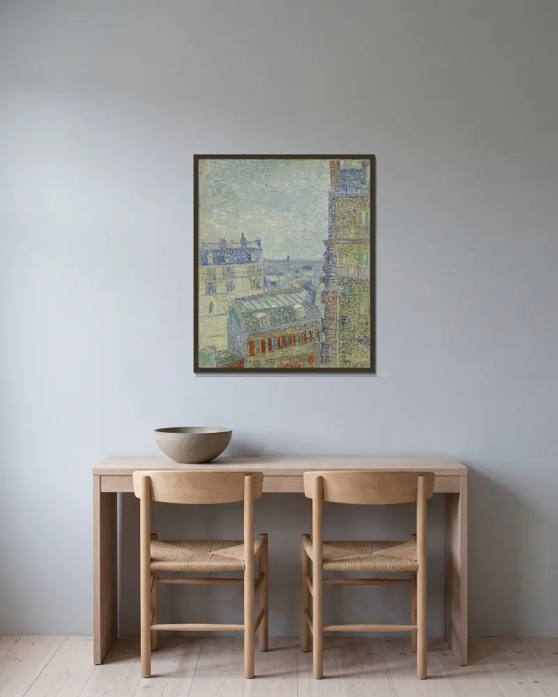 Blick aus Theos Wohnung von Vincent van Gogh gerahmt an einer Wand