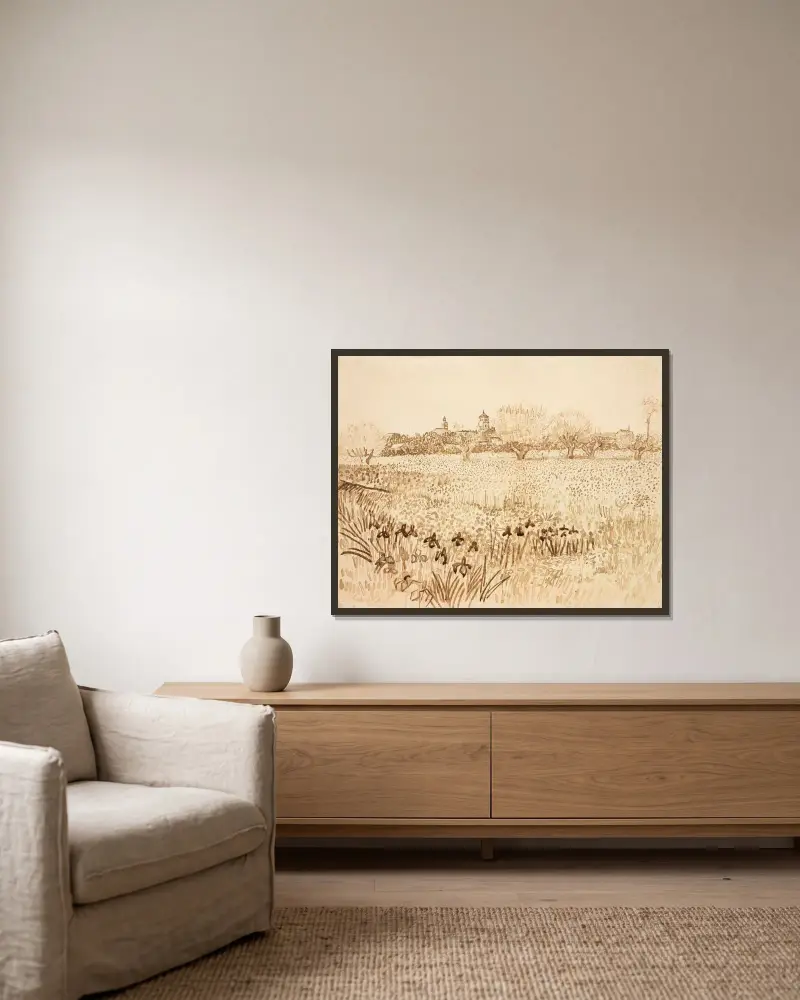 Pohled na Arles, Vincent van Gogh v rámu na stěně