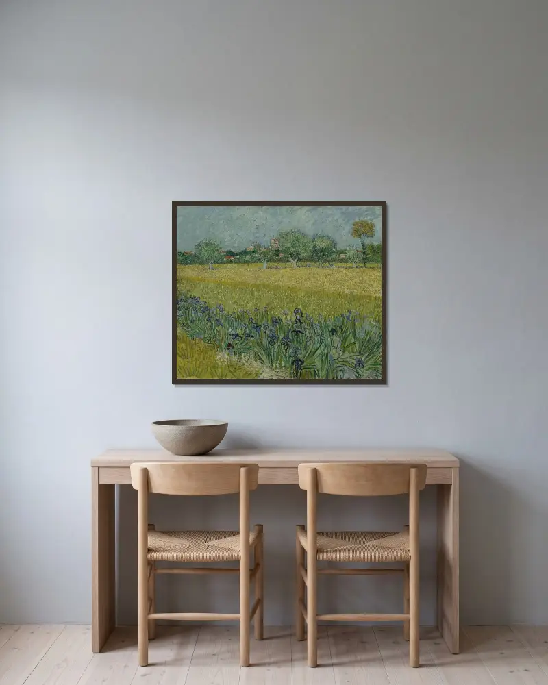 View of Arles with Irises av Vincent van Gogh inramad på en vägg