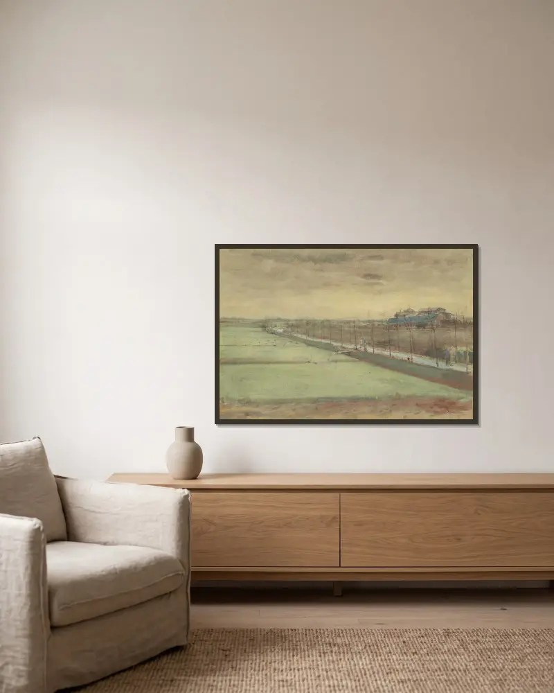 Ängar vid Rijswijk och Schenkweg av Vincent van Gogh inramad på en vägg