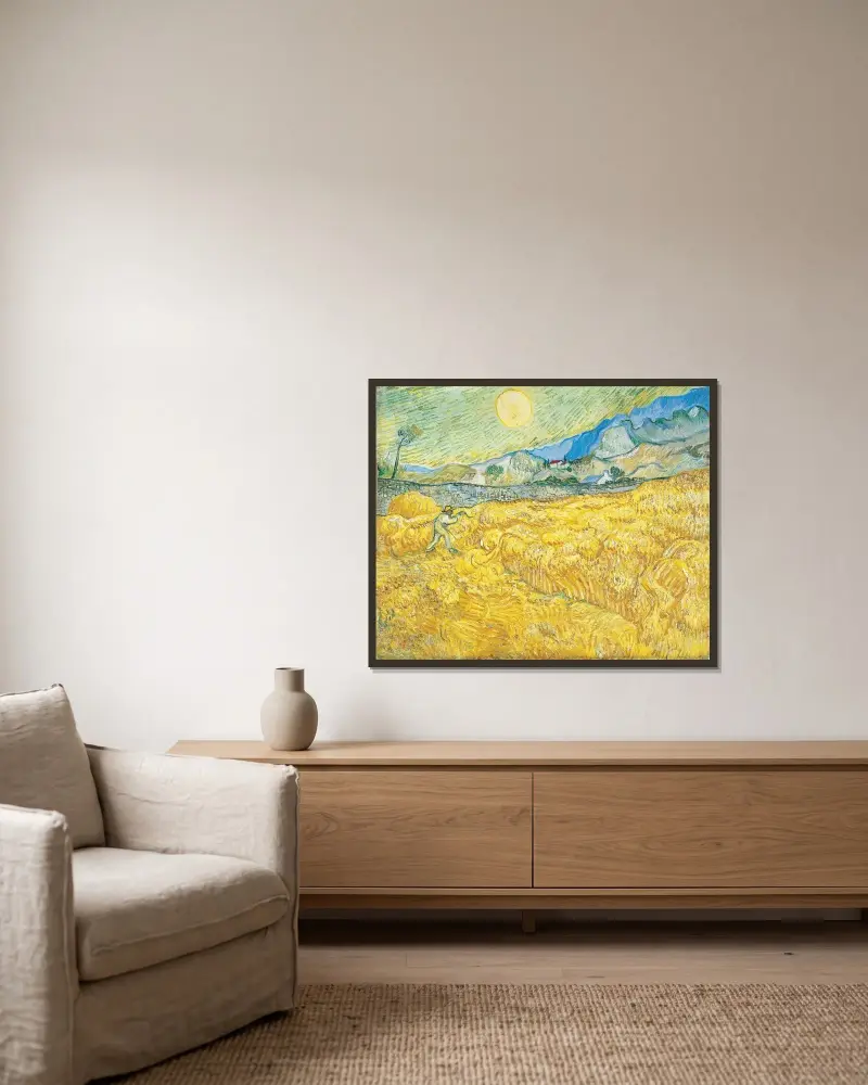 Wheat Field Behind Saint-Paul Hospital with a Reaper av Vincent van Gogh inramad på en vägg