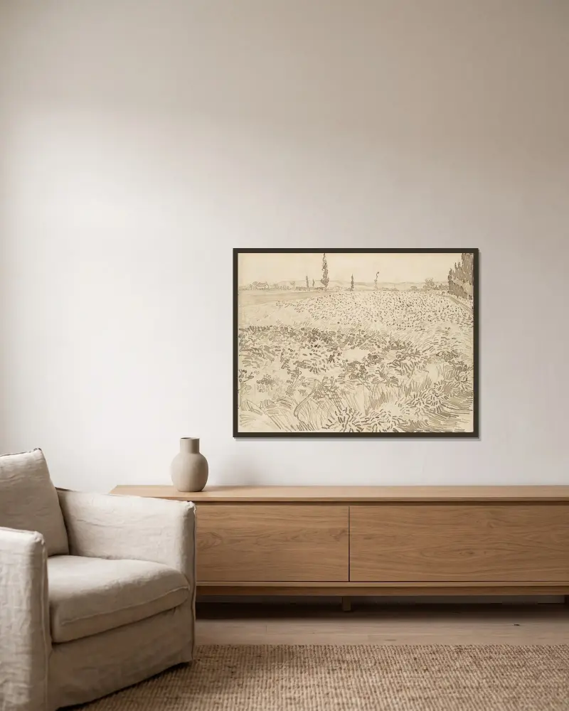Wheat Field av Vincent van Gogh inramad på en vägg