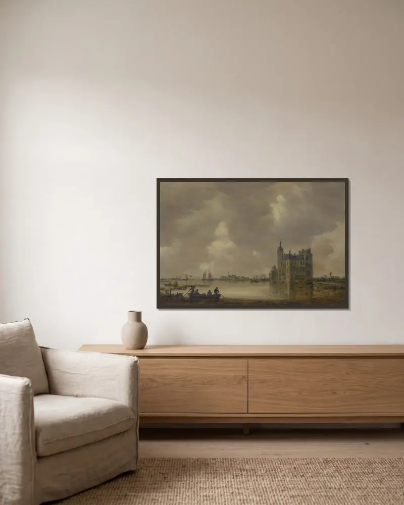 Ein Schloss an einem Fluss von Jan van Goyen gerahmt an einer Wand