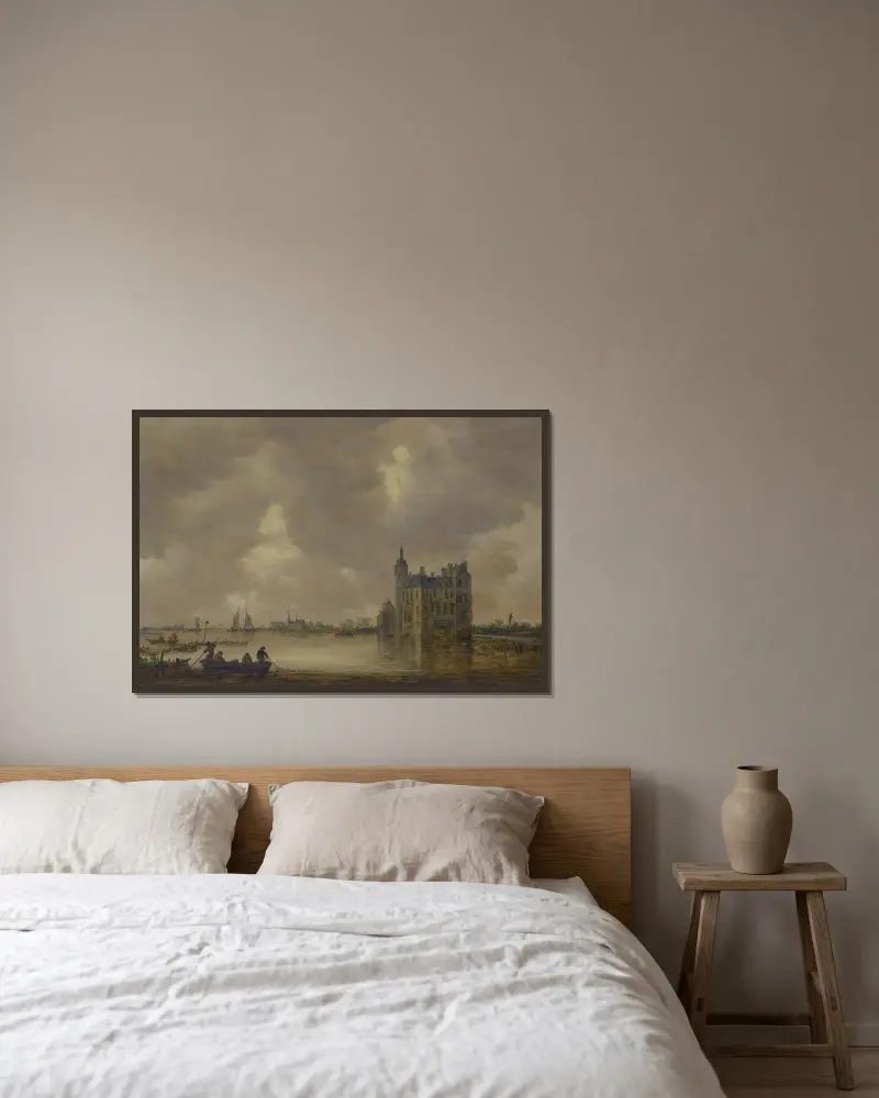 Ein Schloss an einem Fluss von Jan van Goyen gerahmt an einer Wand