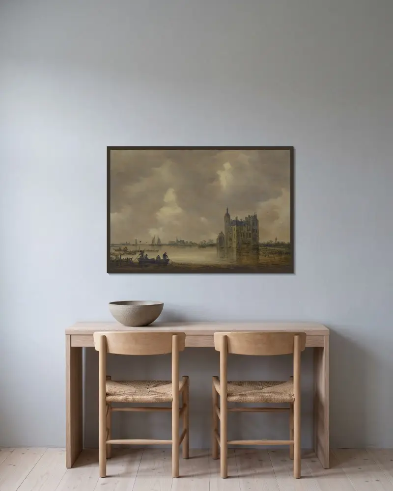 Ein Schloss an einem Fluss von Jan van Goyen gerahmt an einer Wand