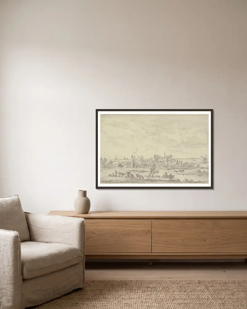 Am Wasser ein Dorf, vorn Hirten mit Vieh, auf dem Wasser ein Kahn, rechts eine Windmühle von Jan van Goyen gerahmt an einer Wand