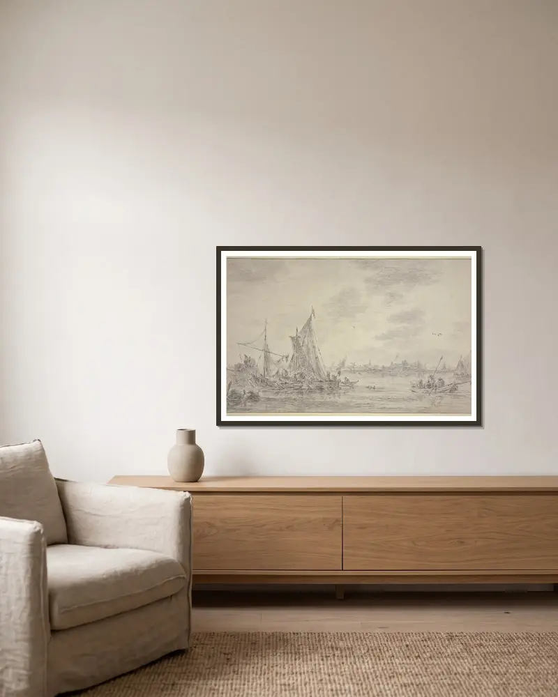 Na rzece wiele łodzi rybackich, po prawej wieś, Jan van Goyen w ramie na ścianie
